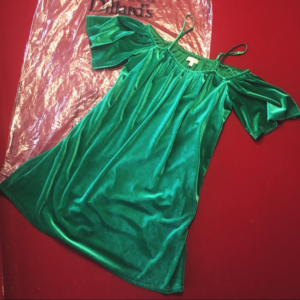 Green velvet off the shoulder dress